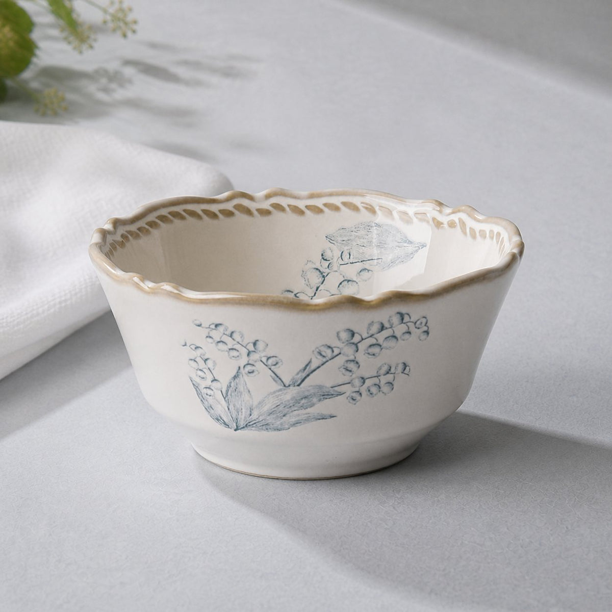Lily of the Valley ceramic cereal bowl, 10 oz, ivory stoneware with hand-painted floral pattern