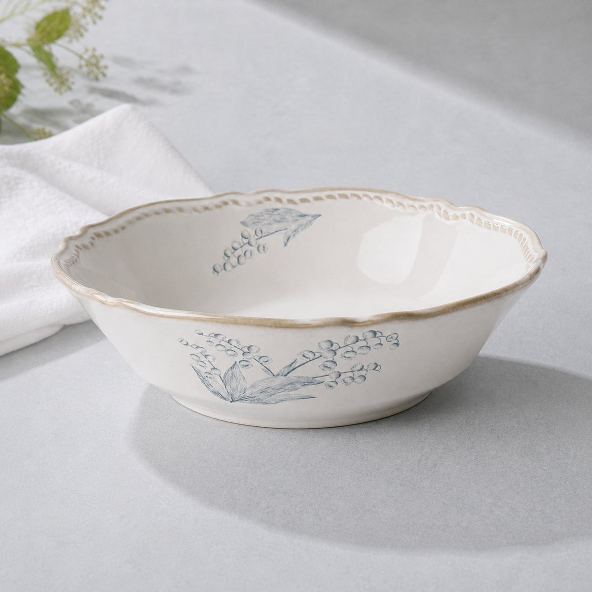 Lily of the Valley ceramic pasta bowl, 8 inches, hand-painted floral pattern with scalloped edge