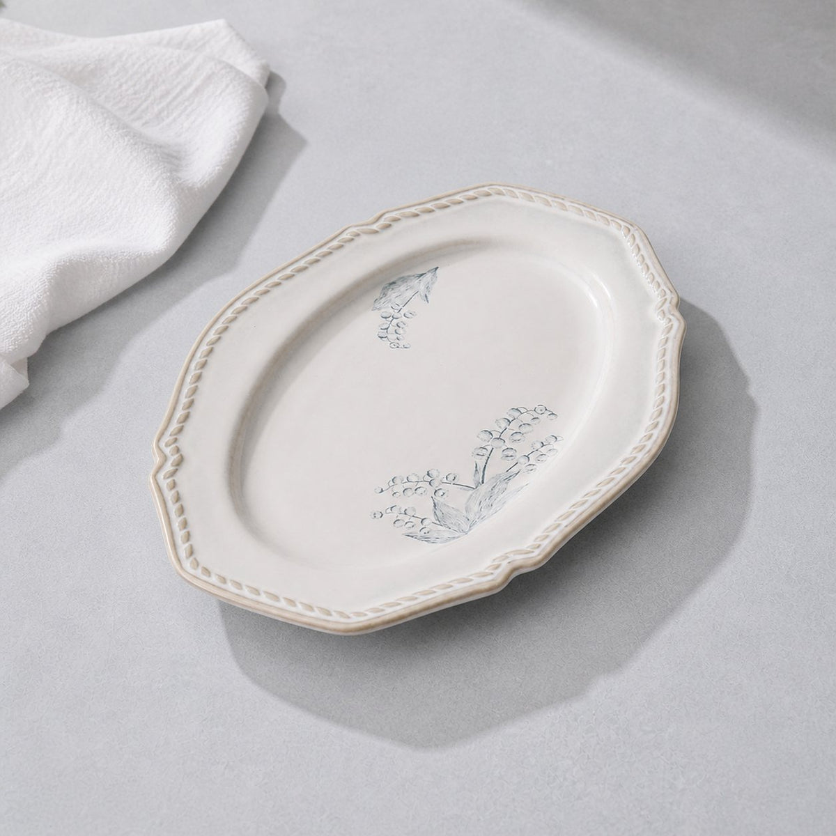 Lily of the Valley ceramic oval platter, small, 9 inches, hand-painted floral pattern
