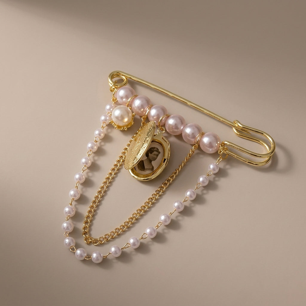 Pearl locket brooch with the oval locket open, showing a small keepsake photo inside