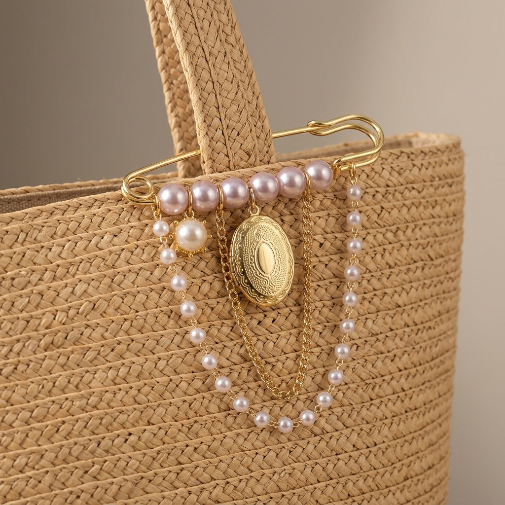Pearl locket safety-pin brooch pinned to the flat woven handle of a straw tote bag
