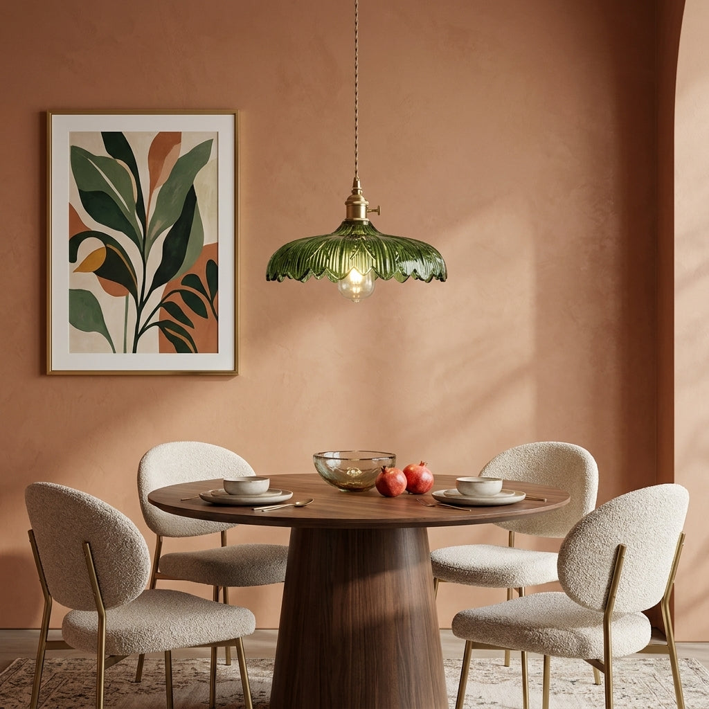 Emerald ribbed glass pendant light hanging above an elegant round dining table in a warm terracotta modern-vintage dining room