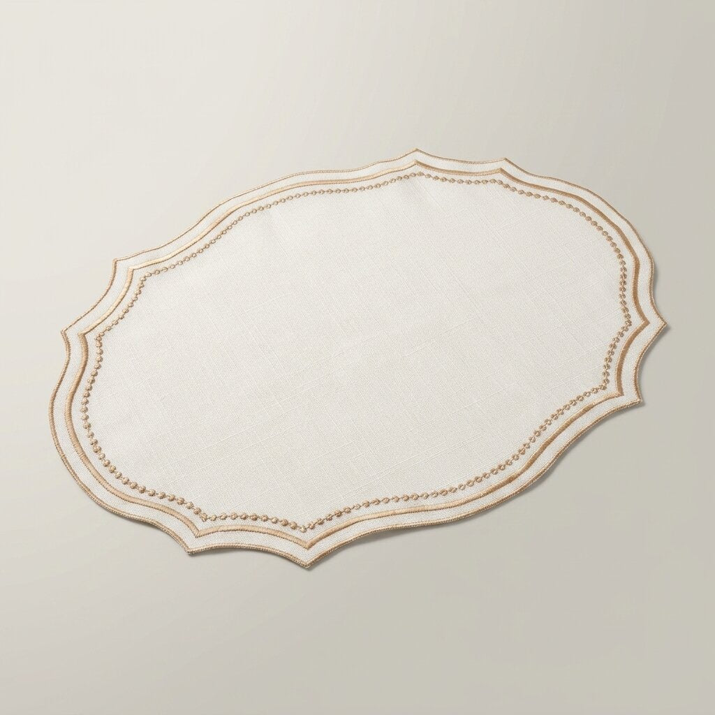 Oval placemat in ivory linen-look fabric with a camel embroidered wavy edge, product photo