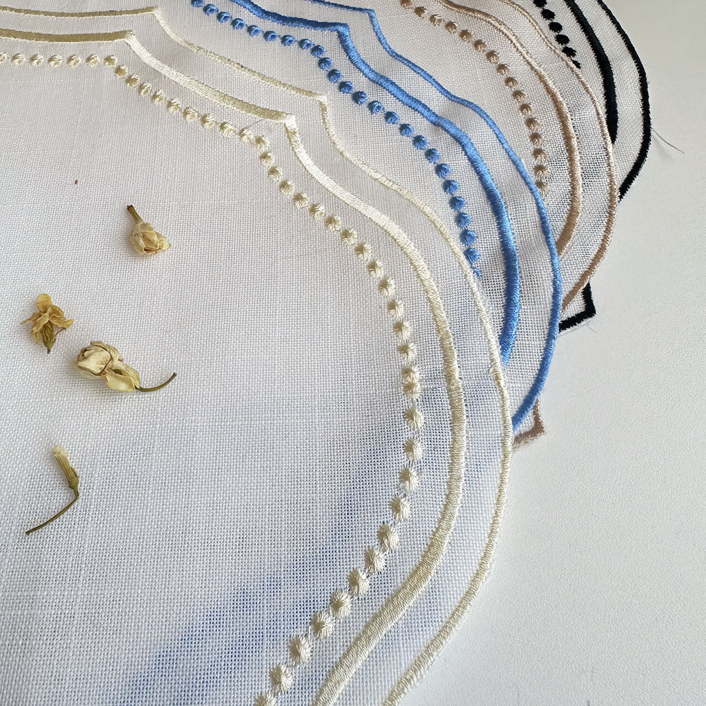 Close-up of the ivory linen-look fabric weave showing all four embroidered trim colors side by side — black, sky blue, camel, and cream
