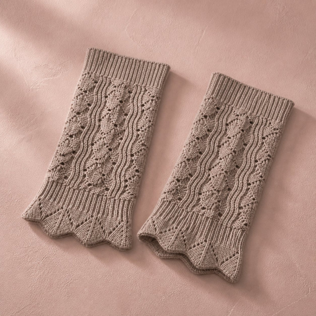 Taupe pointelle knit boot cuffs, pair flat lay