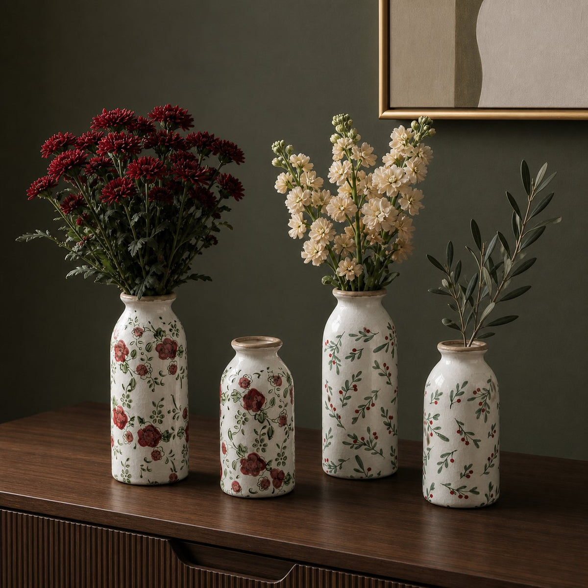 Painted Floral Bud Vase, styled with fresh flowers on a sideboard