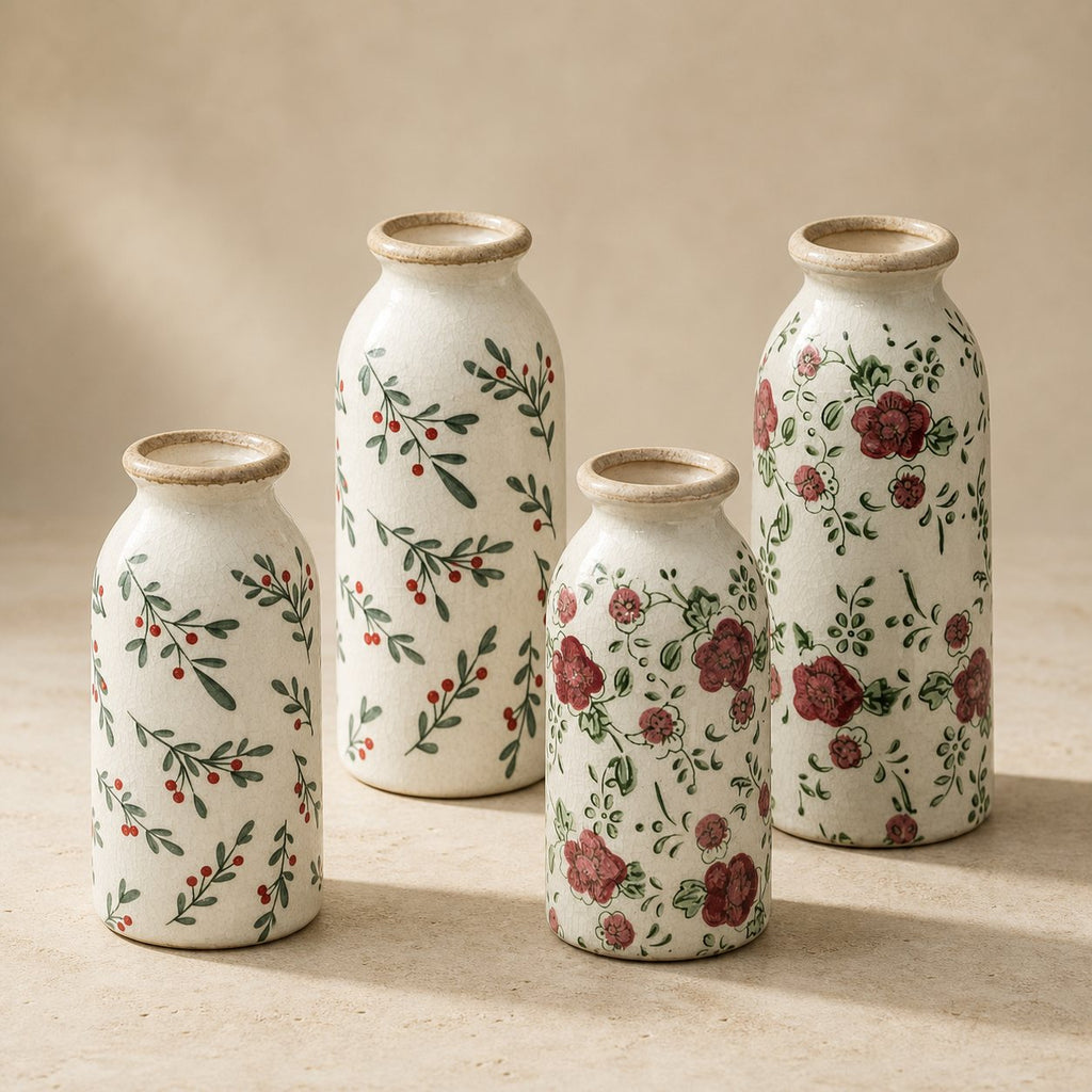 Painted Floral Bud Vase, all four sizes and patterns together, studio shot