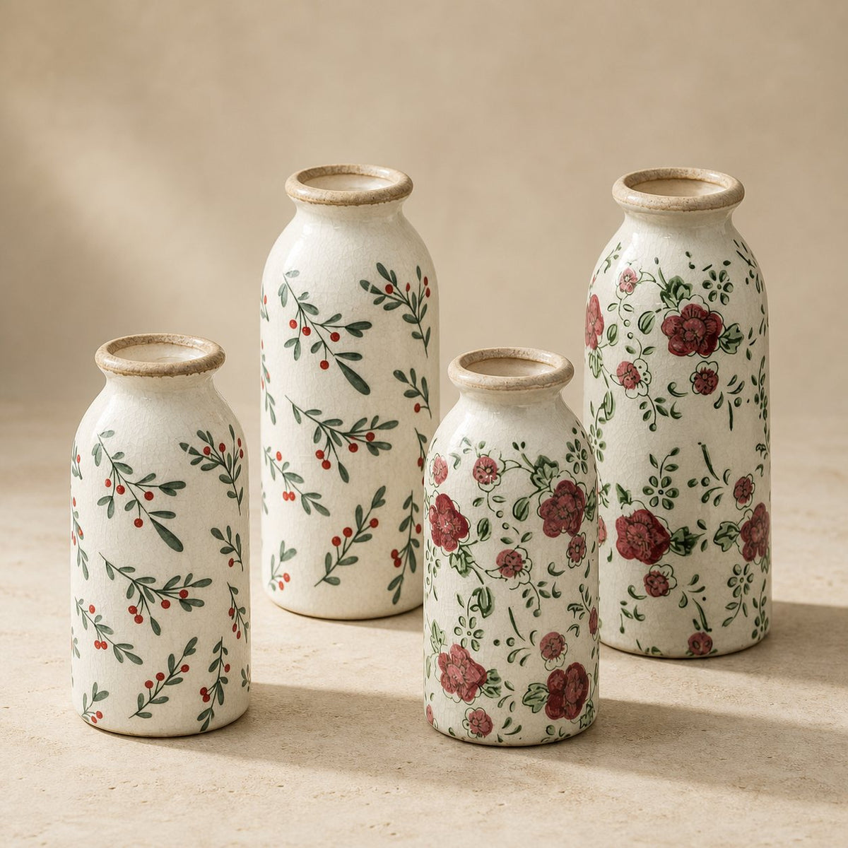 Painted Floral Bud Vase, all four sizes and patterns together, studio shot