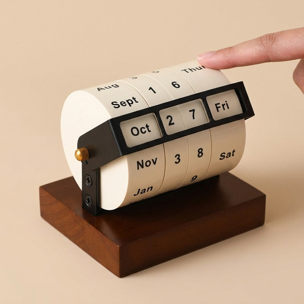 Hand touching the top edge of the wheel perpetual desk calendar's rotating drum, close-up view showing the month, date, and day cylinders on a beige background