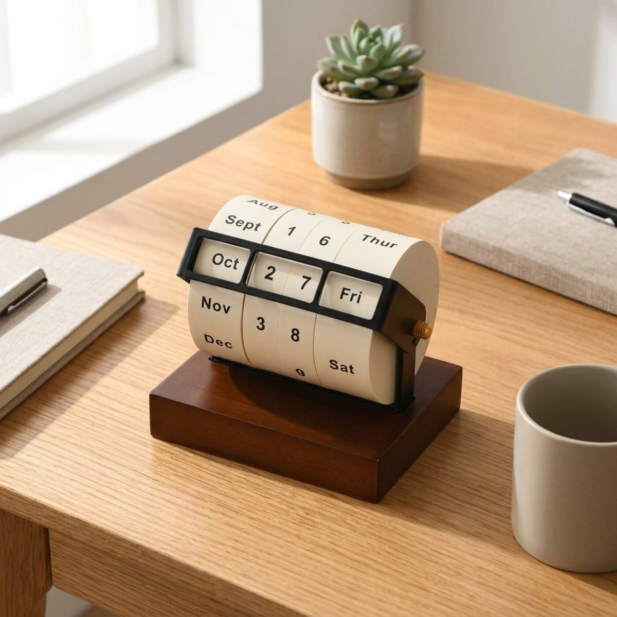 Wheel perpetual desk calendar on a light oak writing desk with a succulent, notebook, and mug, seen from an elevated angle
