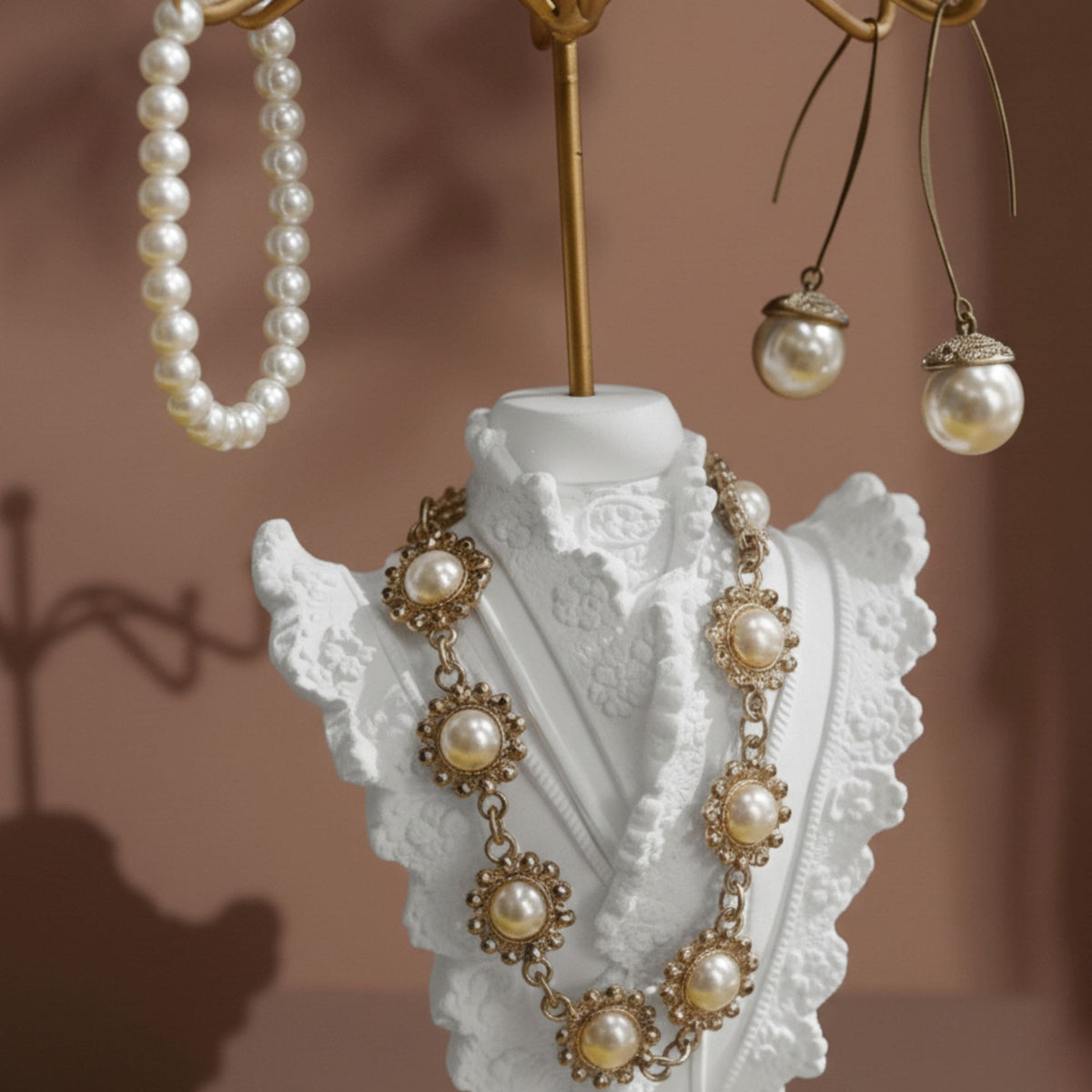 Ivory dress-form jewelry stand with a gold-tone metal hanger and decorative details